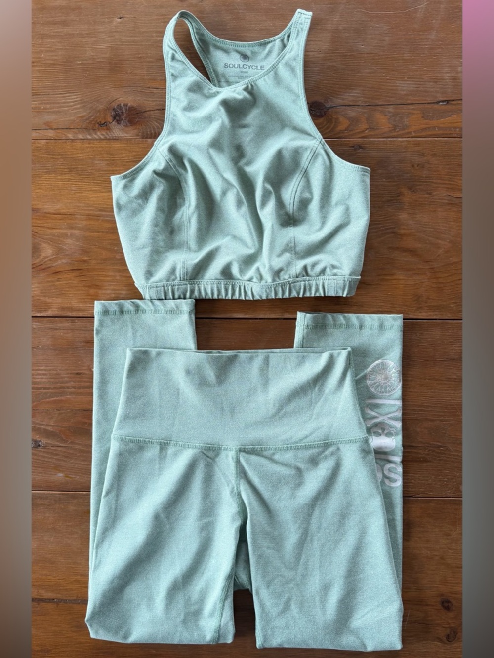 soulcycle Light Mint Green Racerback Bra and Leggings Workout Set
